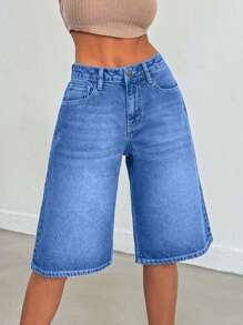 EURMUSE 100%Cotton VINTAGE WASH OVERSIZE LONG SHORT - Light Wash - View 6