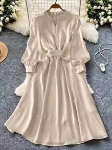 INAWLY Abito elegante da donna a maniche lunghe con scollo a serratura e vita aderente, di colore unito - Bianco - Visualizzare 3