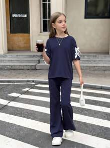 Set de 2 piezas de niña preadolescente: Camiseta de manga corta suelta con lazo decorativo y pantalones acampanados, versátil y casual, adecuado para el verano y el regreso a la escuela - Negro - Ver 13