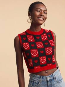 Travachic Women Round Neck Heart & Geometric Pattern Casual Knitted Tank Top,Fall Women ,Autumn ,Easter,Holiday,Beach For Woman,Vacation Women,Concert Women,BOHO,Bohemia,Music Festival,Tropical Vacation Woman, Romantic,Autumn ,Winter ,Christmas,Going Out Tops Women ,Going Out Tops,Casual,Cute - Multicolor - View 7