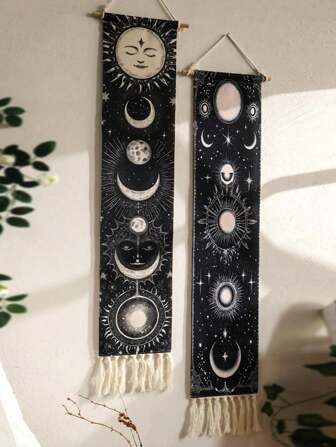Goth 1pc Decorative Tapestry ,Decorative Hanging Flag With Tassels,Bohemian Sun And Moon Hand-Woven Printed Pattern Fringed Tapestry, Simple Studio Living Room, Background Wall Decoration Holiday Gift Pendant,Home Decor