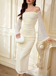 Vintamour Đầm trễ vai phối ren hoa dệt kim jacquard cổ điển thanh lịch cho nữ, trang phục dự tiệc thường ngày, trang phục mùa hè cho nữ, trang phục đi nghỉ, váy trắng cho nữ, váy mùa hè cho nữ, váy trắng cho nữ, váy dạ hội, váy sinh nhật cho nữ, váy dự tiệc cưới, váy phục sinh cho nữ, váy mùa xuân cho nữ, quần áo mùa hè, trang phục mùa xuân cho nữ, váy phục sinh cho nữ, trang phục sinh nhật cho nữ, váy cưới, kỳ nghỉ xuân - Màu be - Xem 4