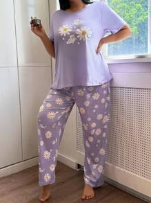 雏菊与蝴蝶印花短袖睡衣套装 - 紫色 - 查看 3