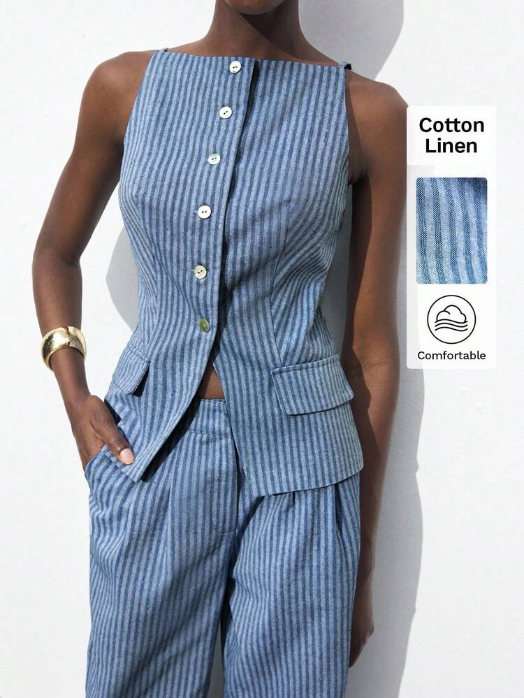 SHEIN Maija 2025 Autumn/Winter New Blue & White Striped Exposed Shoulder Spaghetti Strap Front Open Single-Breasted Women's Suit Jacket Top, Modern Elegant Urban Romantic Refined Minimalist Y2K Country Music Festival Vintage Korean Airport Travel Street Style Wedding Guest Birthday Party Business Casual Office Date Party Outgoing Airport Back To School Fall/Winter Women's Tank Top