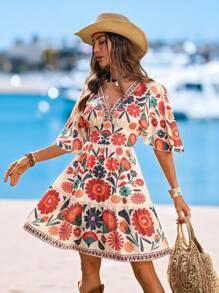 Sylviya Rave Outfits Concert Outfit Women Country Concert Outfit Rave Outfits Festival V-Neck Fitted Waist Ruffle Hem A-Line Flare Sleeve Colorful Floral Casual Resort Elegant Dress For Women, Spring/Summer,Vacation - Multicolor - View 6