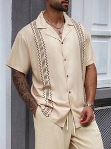 Manfinity Homme 大码男士波浪条纹翻领短袖衬衫和短裤休闲套装 - 杏色 - 查看 6