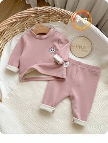 SHEIN 新生女婴可爱卡通图案长袖粉色睡衣套装 - 粉色 - 查看 1