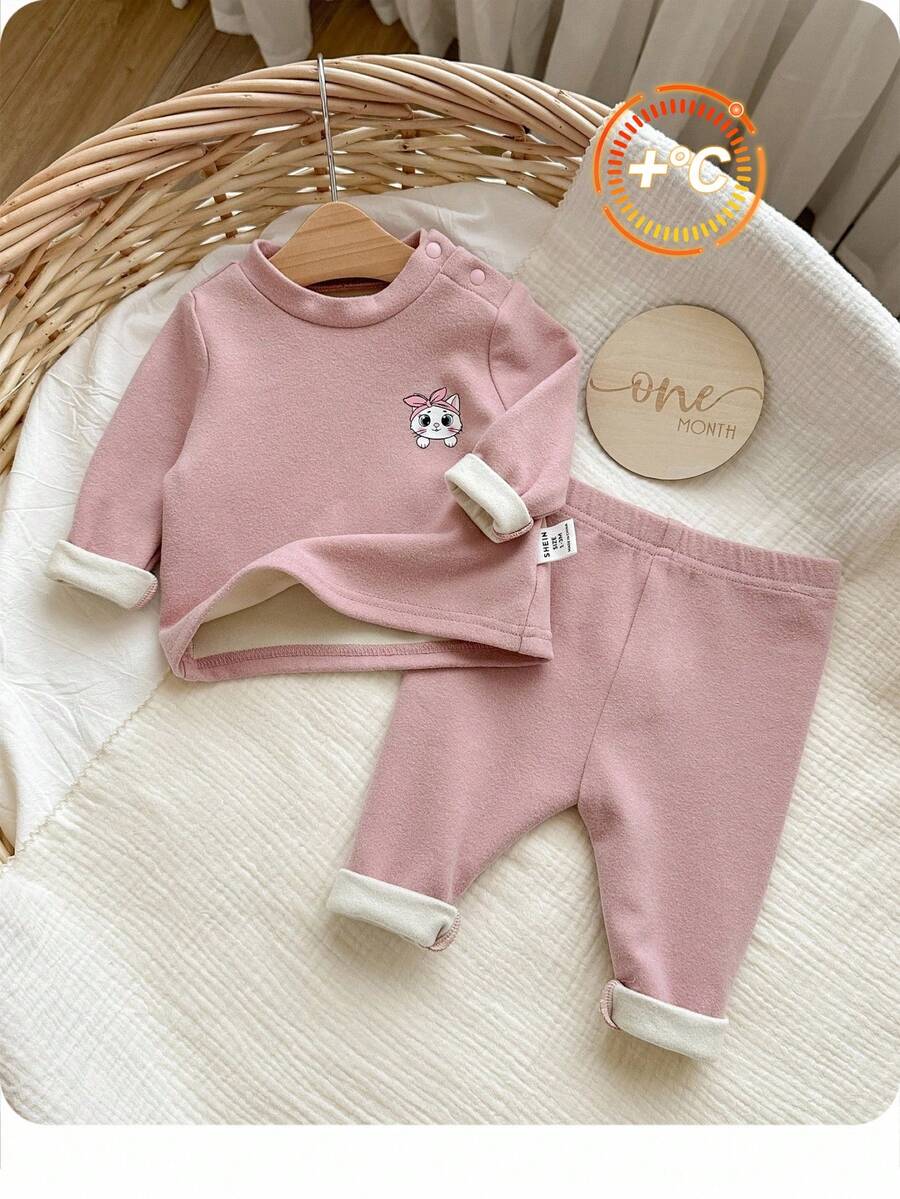 SHEIN 新生女婴可爱卡通图案长袖粉色睡衣套装 - 粉色 - 查看 1