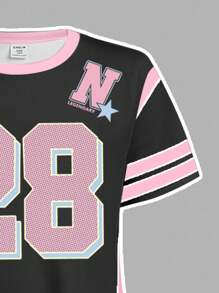 SHEIN Leap Crew Tween Girl Casual Chic Athletic Jersey Inspired, Number 28, English, Star Pattern, School Streetwear, Punk, Short Sleeve Mid-Length Dress, Suitable For Summer, Tween Girl Clothes, Tween Dresses, Tween Girl Summer Outfits, School Clothes, Back To School-Tween Girl, Girls' Chroma Select Girls Sport Dress Athletic Dress Kids Tween Girl Clothes Jersey Baseball Dress Girls Jersey Dress - Multicolor - View 5