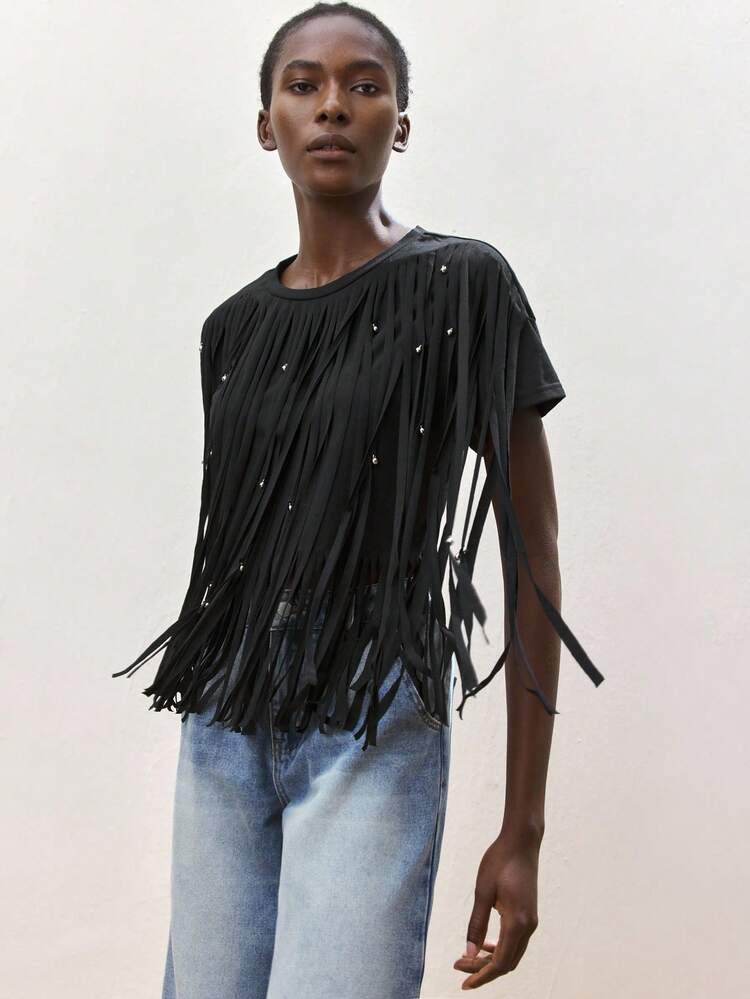 SHEIN Maija Loose Fit Black Cotton Round Neck T-Shirt With Tassel & Metal Bead Design, Skin-Friendly & Comfortable, Bohemian Style For Ladies, Suitable For Spring/Summer Beach