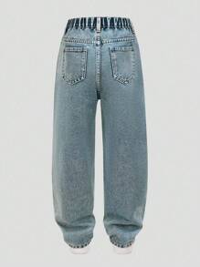 SHEIN 青少年男童中等水洗牛仔裤，带破洞细节和直筒裤型，做旧百搭休闲街头舒适直筒牛仔裤