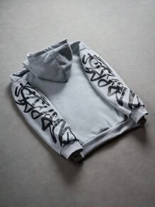 Manfinity Streetrush Sudadera con capucha de doble capa de moda callejera para hombres jóvenes, sudadera con estampado gráfico oversize
