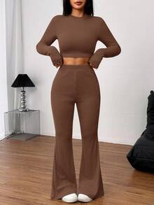 SHEIN EZwear 2件套女士休闲纯色针织圆领长袖短款上衣和高腰喇叭裤套装 - 棕色 - 查看 4