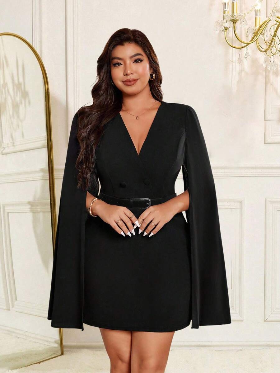 Allurite 女士加大码斗篷式开衩腰带简约V领连衣裙优雅商务休闲夏季女装春装正式女装毕业礼服秋季女装 - 黑色 - 查看 1