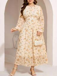 Veilorie Vestido de manga farol con estampado floral para tallas grandes