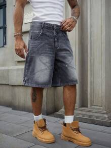 ROMWE MEN Street Life Shorts vaqueros sueltos para hombre con doble cintura