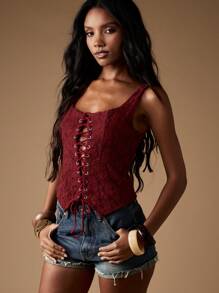 MISSGUIDED Vintage Victorian Corset Bustier Tank Lace Up Front Boned Steampunk Festival Renaissance Medieval Cosplay Boho Cottage Core Autumn Fall Party Christmas