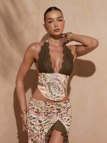 Hauture Summer Sexy Lace Patchwork Animal Print Backless Halter Top - Multicolor - View 1