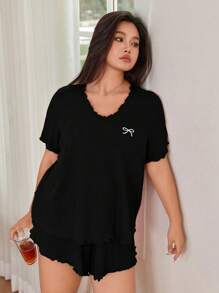 SHEIN Sweet Ruffle Trim Bow Embroidery Casual Sleepwear Pajama Set