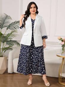 Reflora Plus Size Floral Patchwork Suit Jacket And Dress Set In Fall/Winter - Multicolor - View 8