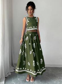 Elenzga Women Floral Print Crew Neck Sleeveless Top And Pleated Mini Skirt 2pcs Set, Fashionable