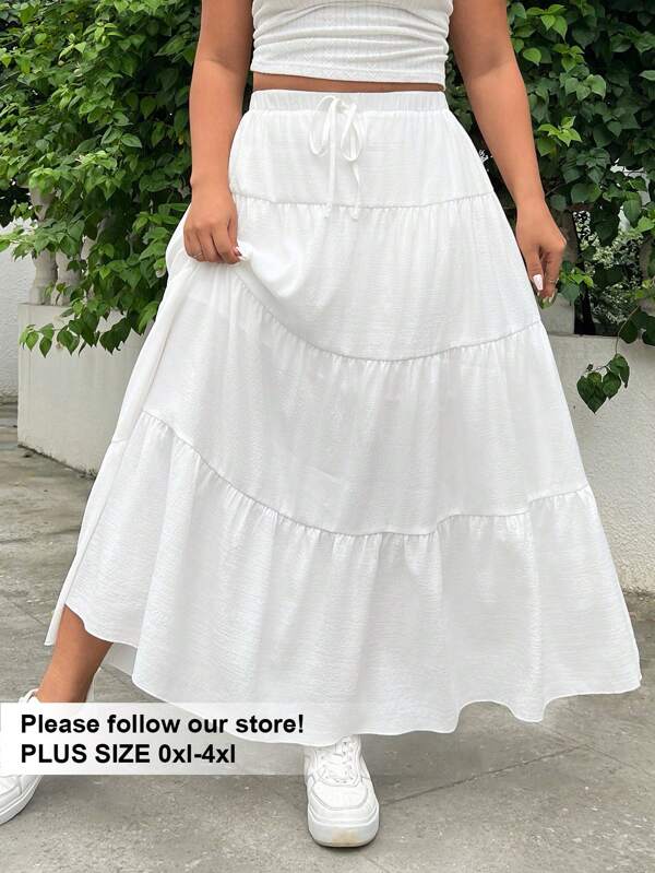 SHEIN EZwear Plus Size Loose Fit White Layered Cake Knee-Length Summer Skirt