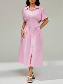 SHEIN PETITE 女式条纹蝙蝠袖收腰休闲长款衬衫裙 - 粉色 - 查看 7