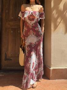 Sunnyshic Elegant Floral Print Off Shoulder Dress For Vacation - Multicolor - View 6