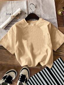 SHEIN ModeFlare Wear Young Boy Casual Minimalist Landscape Pattern Short Sleeve Round Neck T-Shirt, Suitable For Summer, Contains Cotton - Apricot - View 3