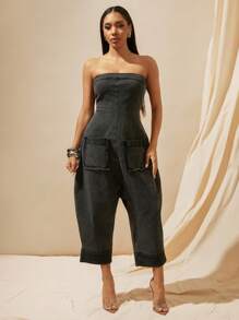 Vixey 无肩带牛仔哈伦连体裤，春季服装，女士夏季服装，复活节服装 - 黑色 - 查看 4