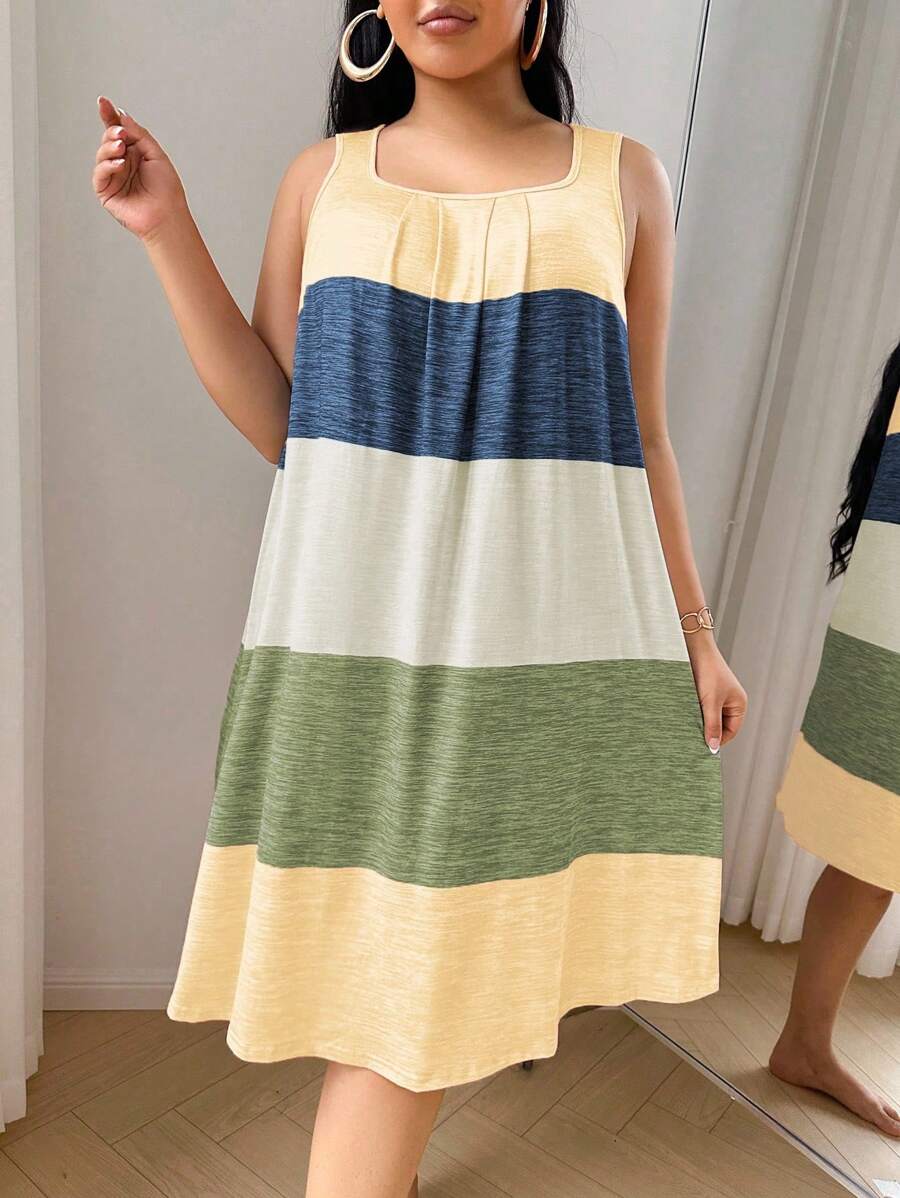 SHEIN Colorful Striped Print Plus Size Casual Nightgown, Moo Moo - Yellow - View 1