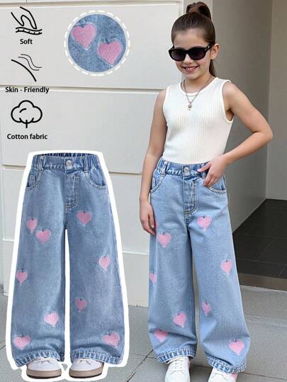 Elladie kids Young Girl' Heart Embroidered Straight Leg Jeans, Cute & Fashionable, Light Denim Blue, Soft & Casual, Heart Embroidery, Relaxed Fit Wide Leg Jeans, Suitable For All Seasons Fall Winter