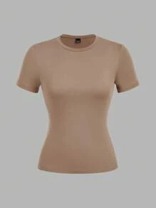 SHEIN EZwear 3件套女士休闲紧身长袖圆领T恤套装，颜色：深棕色、卡其色、浅杏色，适合夏季