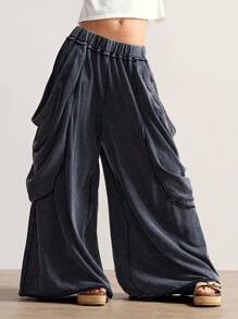 Bohemela Women's Casual Solid Color Knitted Loose Washed Pants Baggy Pants Loose Pants Flowy Pants Ruffle Pants Wide Leg Pants