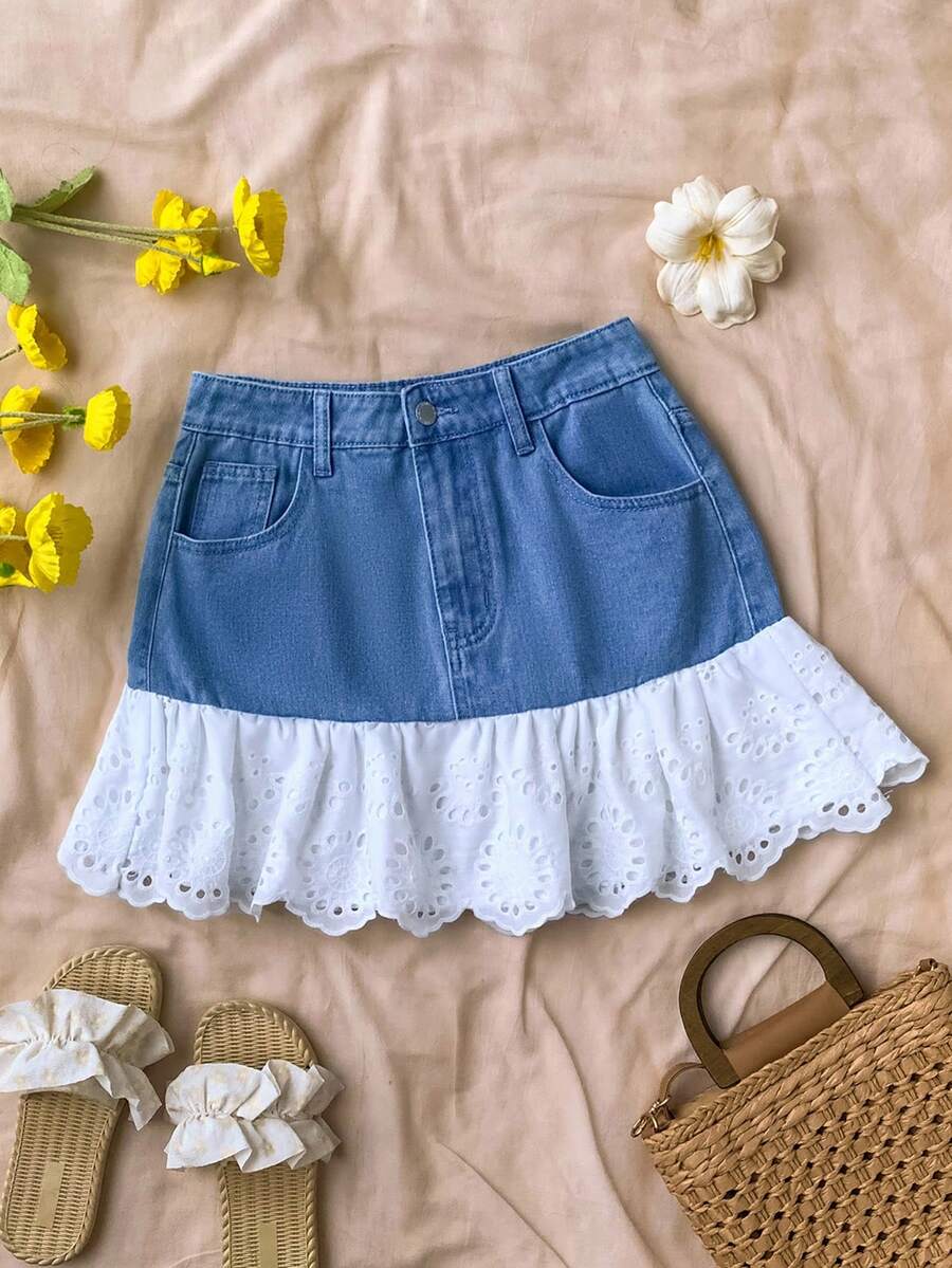 Soleia 女式扎染刺绣荷叶边下摆口袋休闲牛仔迷你裙 - 淺色水洗藍 - 查看 1