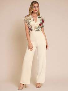 Amorya Elegant Women's V-Neck Mesh Floral Embroidered Ruffle Sleeve Apricot Color Jumpsuit Elegant Jumpsuits Embroidered Jumpsuit Floral Jumpsuit Palazzo JumpsuitAutumn And Winter Women's Clothing