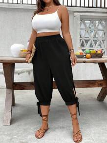 SHEIN CURVE+ Plus Size Women Solid Color High Waist Drawstring Ankle Tie 3/4 Pants, Spring & Summer - Black - View 5