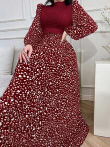 Modelyn Women's Ditsy Floral Patchwork Arabic Style Dress - Burgundy - View 6