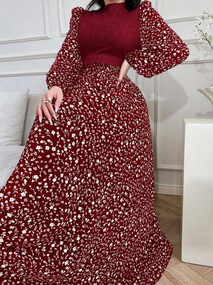 Modelyn Robe style arabe à patchwork floral mignon pour femmes - Rouge foncé - Voir 6