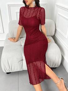 Modelyn Contrast Lace Split Back Elegant Dress For Summer Long Evening Dresses - Burgundy - View 6