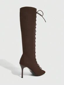 CUCCOO SZL Fashion Criss-Cross Strappy Peep-Toe Knee-High Boots For Christmas - Coffee Brown - View 10