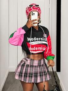 BamGleam Chic Autumn Color Block Letter Print Cropped Hoodie Pullover Fall - Black - View 6