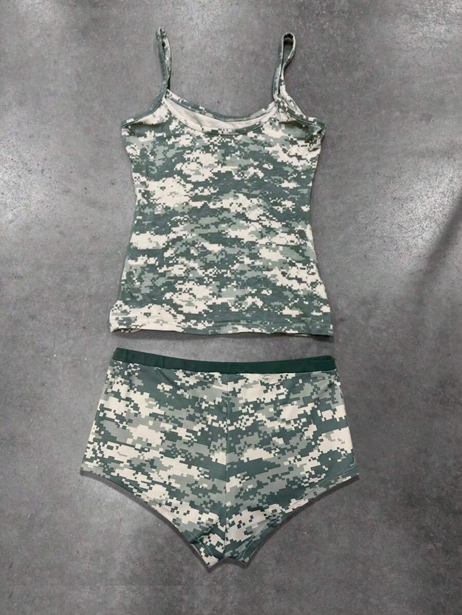 INAWLY 2pcs Women's Camouflage Print Camisole And Shorts Set - Army Green - View 1