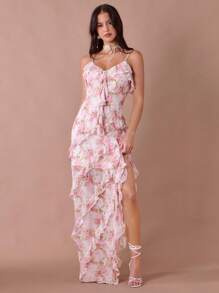 Enchnt Fall/Summer Romantic Women's White&Pastel Pink Rose Print Spaghetti Straps Ruffle Hem Mermaid Maxi Dress - Multicolor - View 4