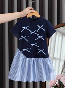 Young Girl Bow Decor Stripe Ruffle Hem Short Sleeve Casual Dress Navy Blue Dress For Girls Blue And White Striped Dress For Girls Girls Dress With Bows Kids Summer Dress Cotton Dress For Girls - Multicolor - View 7