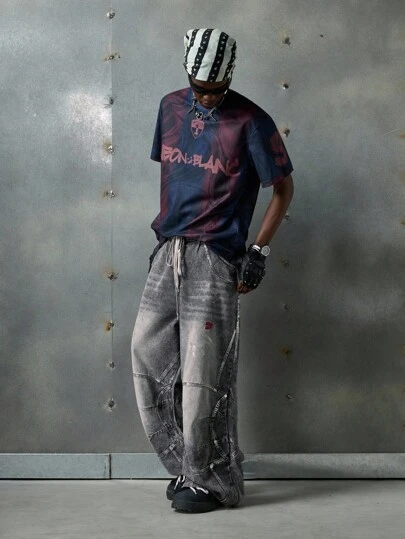 NEON BLANC Men's Retro Vintage Faded Wide Leg Jeans