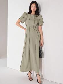 Heiryn Women's Elegant Arabic Style Flounced Sleeve Midi Dress Khaki Dress Women Korean Style,Work Dresses