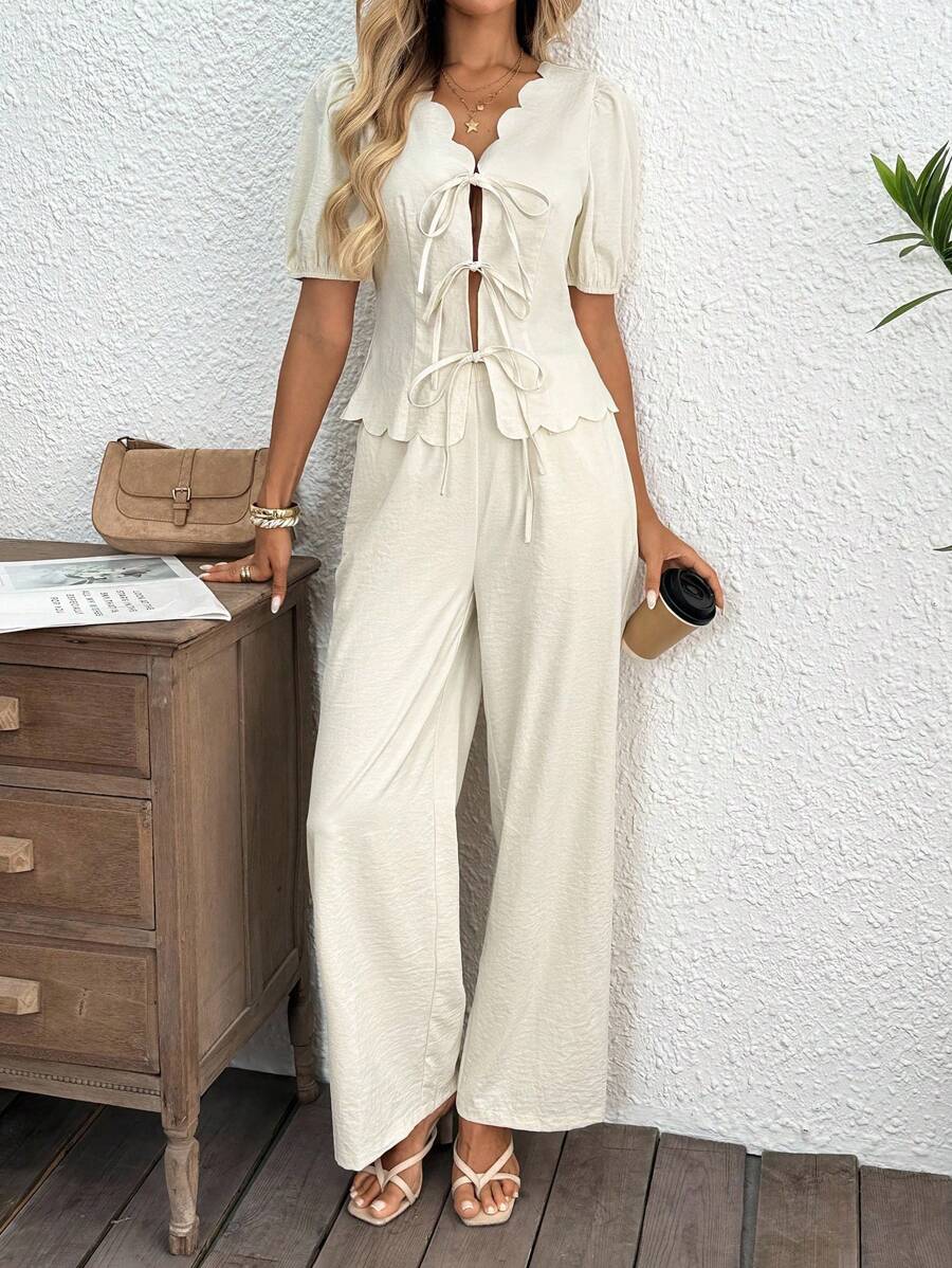 SHEIN LUNE 2pcs Women's Casual Shell Trim Tie Front Shirt And Pants Setvacation Outfits Womanbohoteacher Outfitsboho Women Clothinggoing Out Outfitsvacation Two Pieces Setgoing Outcasual Women Outfits Bohemian Clothes For Women - Apricot - View 1
