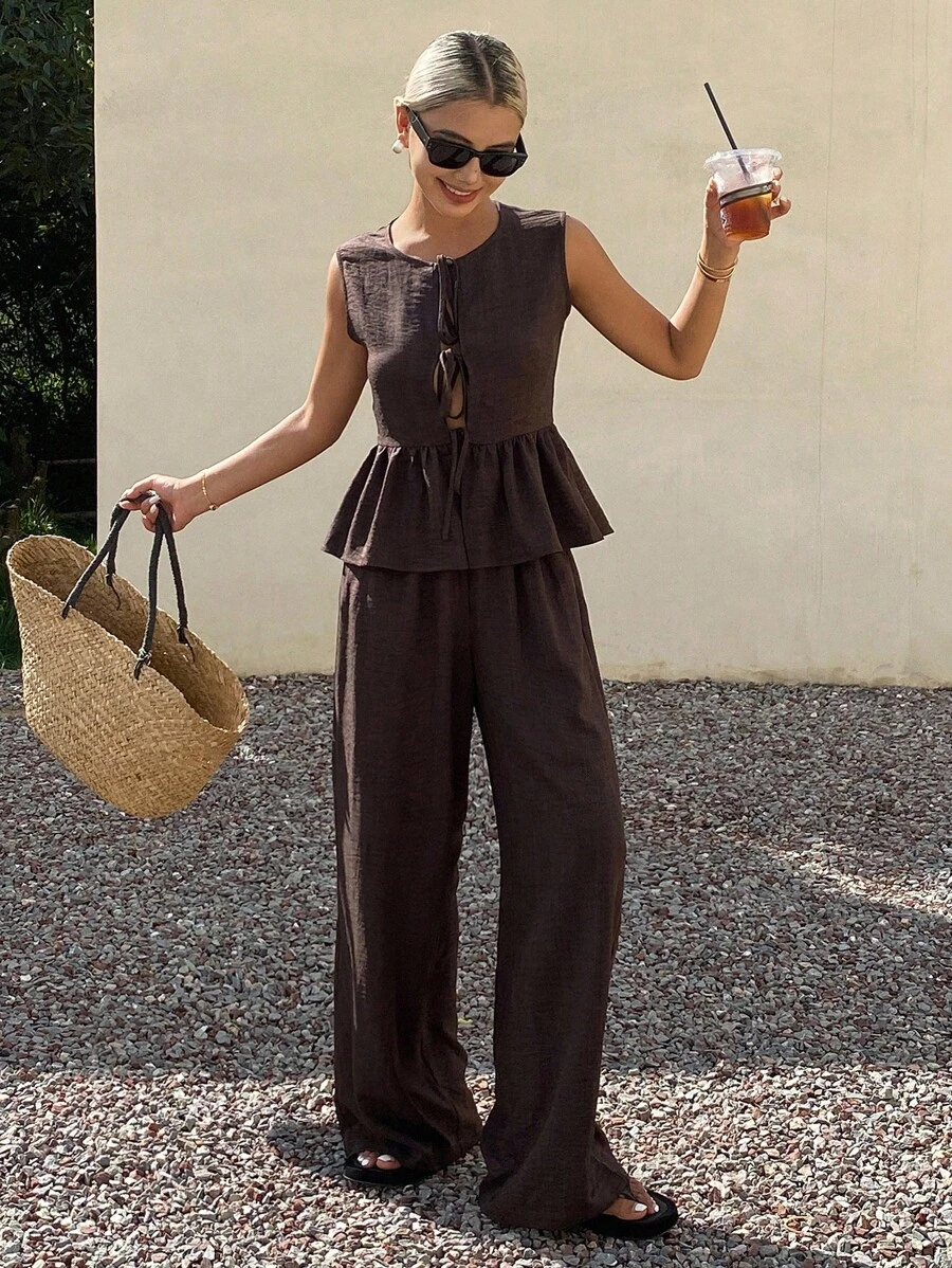 Livesso 女士夏季系带上衣和休闲长裤两件套 - 咖啡棕 - 查看 1