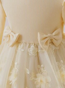 Glamorique Kids Vestido de manga larga para bebé/niña pequeña con bordado y diseño de manga de encaje, adecuado para varias ocasiones, que muestra un estilo elegante y lujoso - Albaricoque - Ver 6